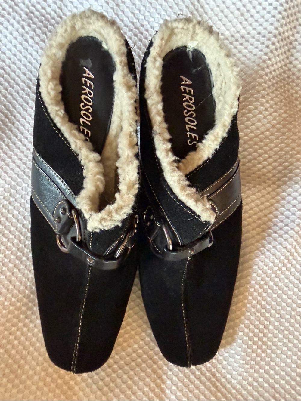 AEROSOLES Black Suede Slip-On Mules with Cream Faux-Fur Trim